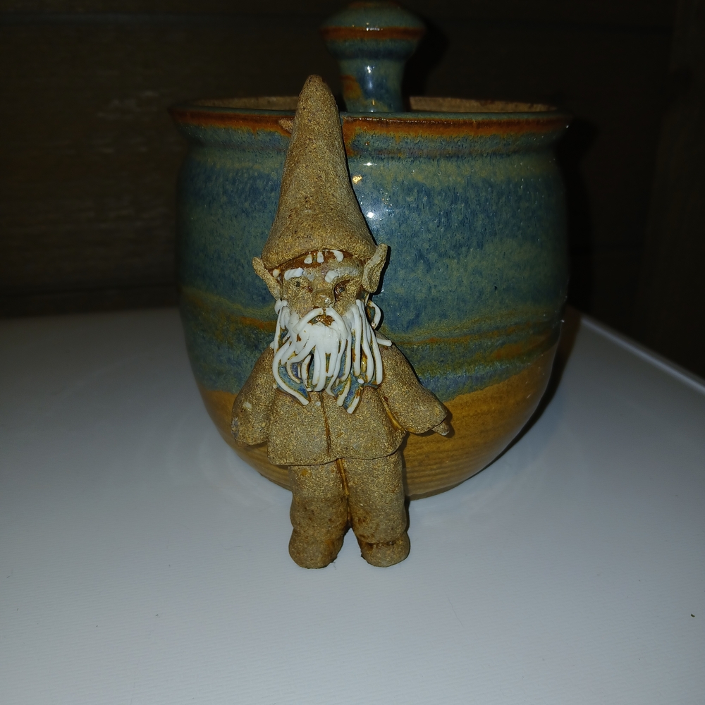 Handcrafted Unique Studio Art Stoneware Pottery Bowl With Lid And Wizard